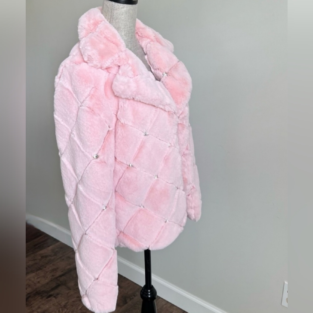 NYCO Pink Faux Fur Coat Quilted Embellished Jacket Barbie Bling Medium - Picture 12 of 14